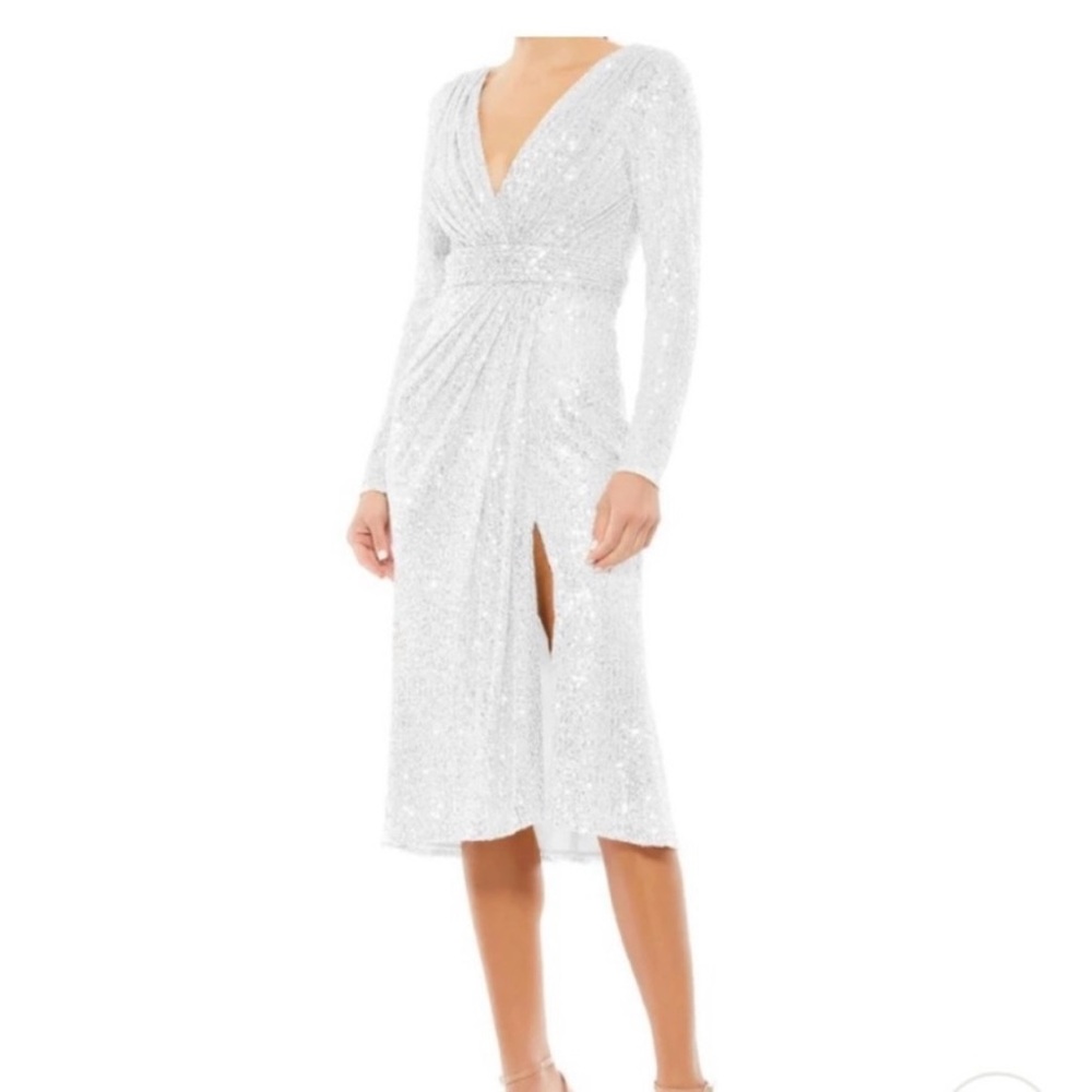Mac Duggal white sequin embellished midi dress long sleeve high slit size 12
